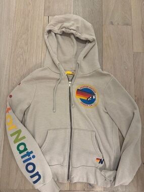 Aviator Nation Beige Zip Hoodie with Rainbow Logo XS